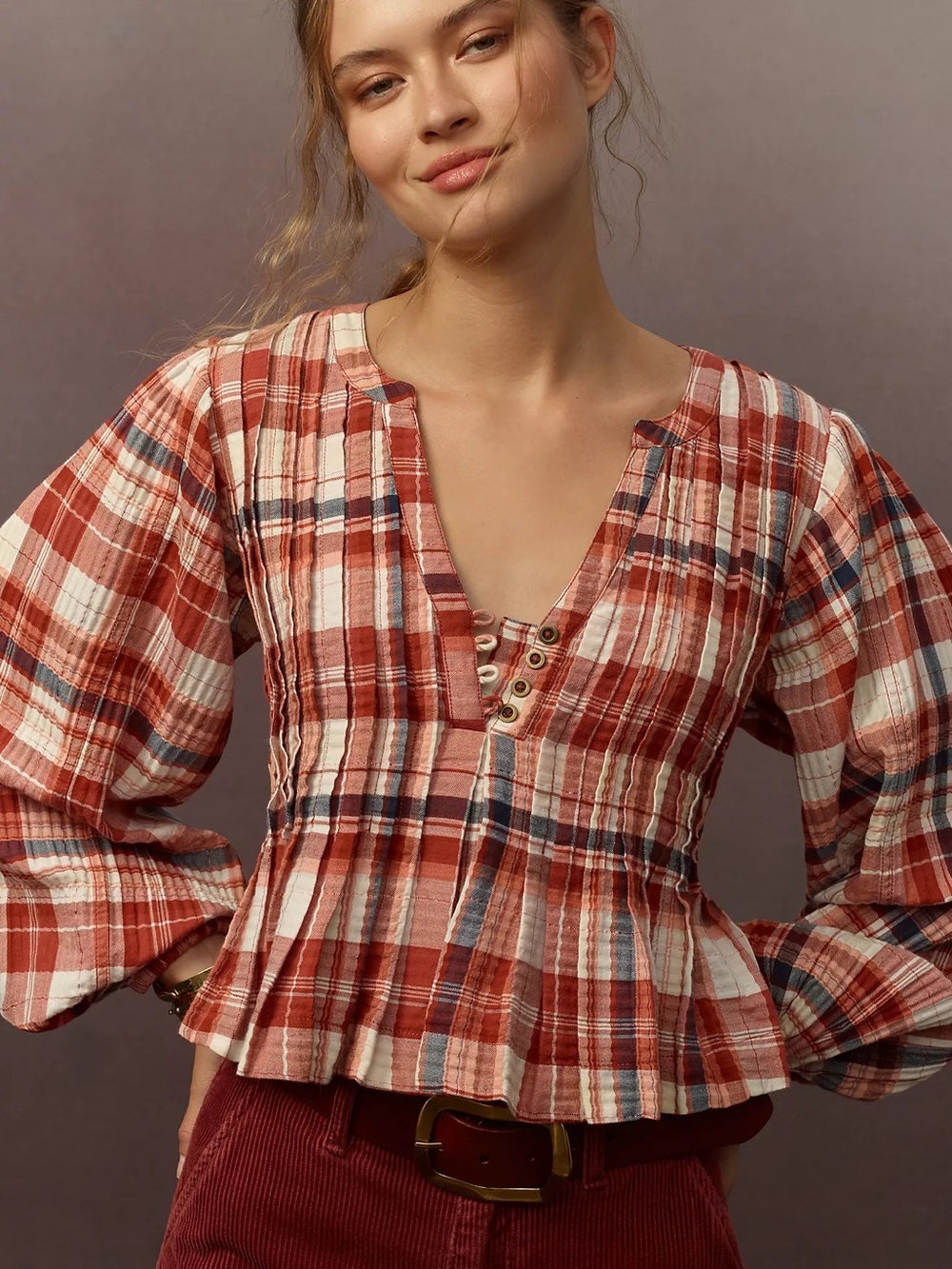 Pilcro Pleated Swing  Blouse Balloon Sleeve Plaid Metallic Anthropologie Size XS - Picture 2 of 9